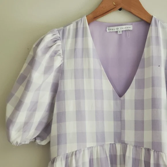English Factory Gingham Tiered Puff Sleeve Midi Dress Lilac Lined - Picture 7 of 8